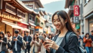A vibrant street in South Korea, bustling with travelers using mobile devices, showcasing an eSIM network service. In the foreground, a young woman in a smart casual outfit interacts with her smartphone, with a smile reflecting connectivity. In the middle, diverse travelers—couples and families—are seen taking photos and sharing moments. The background features iconic South Korean architecture, like traditional houses blended with modern cafes. Soft, natural lighting filters through, casting a warm glow on the scene, creating a welcoming atmosphere. The angle captures a dynamic view of both people and the lively street, emphasizing active engagement with technology and the importance of staying connected while traveling.