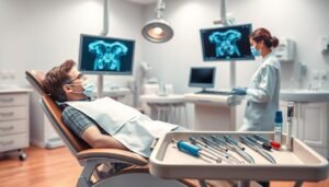 An educational illustration showing the treatment process for dental abscesses (杜牙根) in a clinical setting. In the foreground, a detailed dental chair with a patient reclining comfortably, wearing a dental bib. A dentist in professional attire is examining a dental x-ray on a monitor, while a dental assistant prepares instruments. In the middle ground, medical tools like syringes, dental mirrors, and clean instruments are neatly organized on a tray. The background features a clean, well-lit dental office with bright, warm lighting to create a welcoming atmosphere. The overall mood should be informative and professional, emphasizing care and precision in dental treatment.