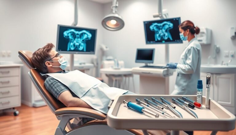 An educational illustration showing the treatment process for dental abscesses (杜牙根) in a clinical setting. In the foreground, a detailed dental chair with a patient reclining comfortably, wearing a dental bib. A dentist in professional attire is examining a dental x-ray on a monitor, while a dental assistant prepares instruments. In the middle ground, medical tools like syringes, dental mirrors, and clean instruments are neatly organized on a tray. The background features a clean, well-lit dental office with bright, warm lighting to create a welcoming atmosphere. The overall mood should be informative and professional, emphasizing care and precision in dental treatment.