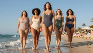 A confident woman in a stylish, modest swimsuit stands by a serene beach, embodying grace and empowerment. She showcases a variety of swimwear styles suitable for different body types, emphasizing flattering cuts and colors. In the foreground, soft ocean waves lap gently at her feet, while in the background, a clear blue sky contrasts with a vibrant beach scene filled with sunbathers enjoying their day. The scene is illuminated by warm, golden sunlight, casting a soft glow on her skin. The composition captures a cheerful and uplifting atmosphere, focusing on self-confidence and the beauty of diverse fashion choices in swimwear. A low-angle shot enhances her stature and adds an inspiring vibe to the image.