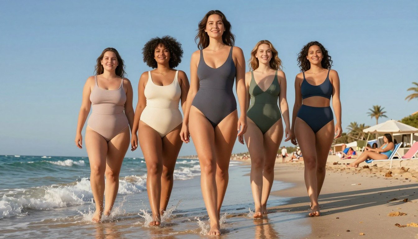 A confident woman in a stylish, modest swimsuit stands by a serene beach, embodying grace and empowerment. She showcases a variety of swimwear styles suitable for different body types, emphasizing flattering cuts and colors. In the foreground, soft ocean waves lap gently at her feet, while in the background, a clear blue sky contrasts with a vibrant beach scene filled with sunbathers enjoying their day. The scene is illuminated by warm, golden sunlight, casting a soft glow on her skin. The composition captures a cheerful and uplifting atmosphere, focusing on self-confidence and the beauty of diverse fashion choices in swimwear. A low-angle shot enhances her stature and adds an inspiring vibe to the image.