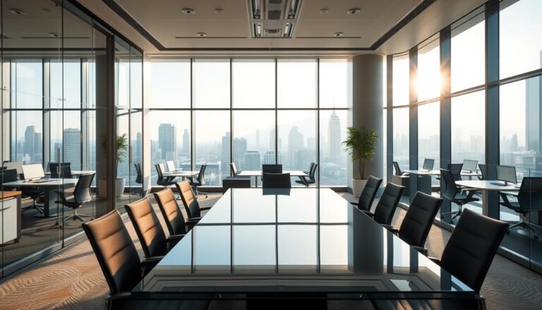 A modern, high-class office space available for rent within a premium business center. In the foreground, showcase an elegantly furnished conference room with a large glass table and comfortable ergonomic chairs. The middle layer includes glass-walled offices featuring sleek desks and contemporary decor, hinting at a bustling yet professional environment. In the background, capture a panoramic view of a city skyline through expansive windows, bathing the room in natural sunlight. Utilize soft, warm lighting to create an inviting atmosphere. The office should convey a sense of professionalism and corporate identity, ideal for attracting potential tenants. Focus on clean lines and a polished aesthetic, reflecting a high-end business image.