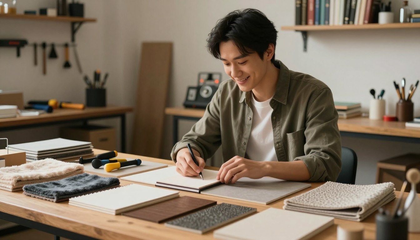 A stylish and informative guide on material analysis for professional tools, featuring a well-organized workspace. In the foreground, a selection of various high-quality materials displayed neatly on a wooden table, including plush fabrics and innovative textures, accompanied by elegant, professional tools. In the middle, a soft-focus on a knowledgeable individual wearing smart casual clothing, analyzing and discussing the materials with a warm and inviting smile. The background features a cozy, well-lit workshop ambiance with shelves filled with tools and resource books, creating a sense of professionalism and relaxation. Soft, warm lighting enhances the intimate atmosphere, while a gentle, cinematic feel complements the informative mood. 4:3 aspect ratio.