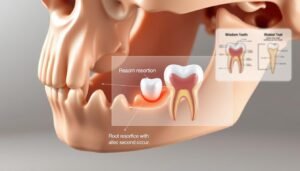 A detailed dental illustration showcasing the relationship between a wisdom tooth and the adjacent second molar. In the foreground, depict a close-up view of a human jaw with the mandible section highlighted, focusing on the wisdom tooth partially emerged and the second molar in its natural position. The middle ground should include a transparent overlay highlighting the dental roots and the interface where root resorption may occur, illustrated with subtle color gradients to indicate potential areas of concern. The background should be softly blurred, featuring anatomical labels and diagrams of teeth for educational context. The image should have soft, even lighting to emphasize the anatomical details and create a clinical, informative atmosphere. Use a realistic style to ensure clarity and educational value.