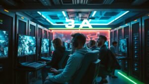 A dynamic and engaging scene showing a high-tech gaming environment representing "3A". In the foreground, a group of diverse gamers, dressed in professional gaming attire, focus intently on their sleek monitors displaying vivid multiplayer online battle graphics. The middle ground features server racks with blinking lights and advanced networking equipment symbolizing the robust technology behind the gaming experience. In the background, a stylish and futuristic gaming lounge with ambient LED lighting enhances the atmosphere, suggesting high energy and excitement. Soft blue and green hues dominate the lighting, creating a calm yet intense mood, while a wide-angle perspective captures the full scope of this gaming environment, illustrating the importance of stable online technology.