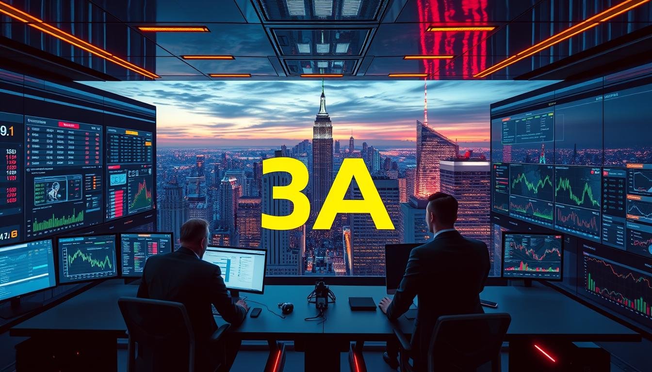 A high-tech, futuristic digital landscape showcasing "3A" as the focal point. In the foreground, a sleek, modern office setup features professionals in business attire analyzing live sports data on multiple screens, displaying real-time odds and statistics. The middle ground includes a variety of digital graphs and charts, illuminated with vibrant colors, conveying the excitement of immediate betting odds during major sporting events. The background depicts a panoramic city skyline at dusk, with a blend of warm and cool lighting creating a dynamic atmosphere. Use a wide-angle lens to capture the immersive environment, emphasizing the interconnectedness of technology and sports. The overall mood should inspire innovation and professionalism in sports data technology.