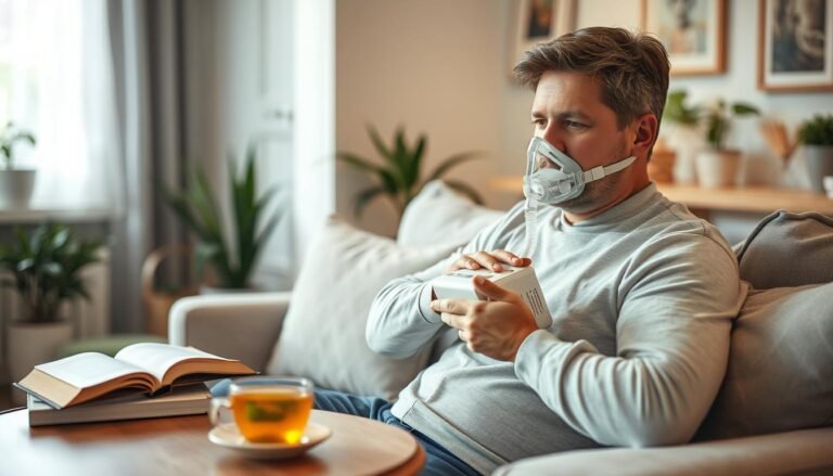 A serene indoor setting featuring a person sitting comfortably on a couch, wearing a well-fitted nasal mask connected to a sleep apnea machine, demonstrating a calm expression while adjusting the device. Soft daylight filters through a nearby window, creating a warm and inviting atmosphere. In the foreground, a small table holds relaxation items like a book and a cup of herbal tea. The background showcases subtle elements like calming wall art and houseplants, enhancing the tranquility of the scene. The focus is on the individual actively engaging with the machine, illustrating the adaptation process through short-term daytime use, while maintaining a professional and reassuring mood. The image should be bright and uplifting, emphasizing comfort and support.