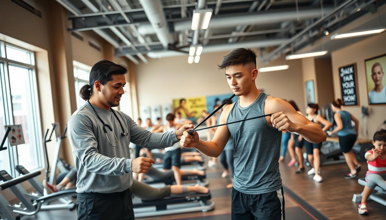 A busy post-surgery rehabilitation facility designed for athletes in Hong Kong, showcasing a vibrant atmosphere. In the foreground, a professional-looking physiotherapist is guiding a young athlete through a rehabilitation exercise using resistance bands, both wearing modest athletic attire. The middle ground features diverse athletes engaged in various rehabilitation activities, such as stretching and using specialized equipment, infused with energy and determination. The background includes large windows with natural light streaming in, illuminating modern rehabilitation tools and motivational posters on the walls. The overall mood is uplifting and inspiring, emphasizing teamwork and professional care, with dynamic angles that convey movement and progress in recovery. Soft, balanced lighting to highlight the positive and encouraging environment, ensuring a sense of hope and quick recovery.