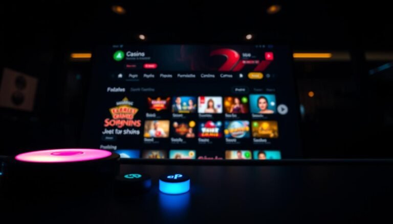 A dark-themed user interface design showcasing a modern casino homepage inspired by the aesthetics of 3A gaming platforms. In the foreground, there are sleek, illuminated buttons and icons in vibrant colors, contrasting against a deep black background. The middle section features a grid layout displaying enticing games with high-quality images, ensuring a user-friendly navigation experience. In the background, soft ambient lighting sets a cozy yet sophisticated atmosphere, casting gentle reflections. The overall mood communicates excitement and elegance, with an emphasis on the dark mode aesthetic that captivates viewers. Shot from an angle that emphasizes depth, this composition captures the essence of contemporary UI design, appealing to visual designers analyzing dark-themed interfaces.