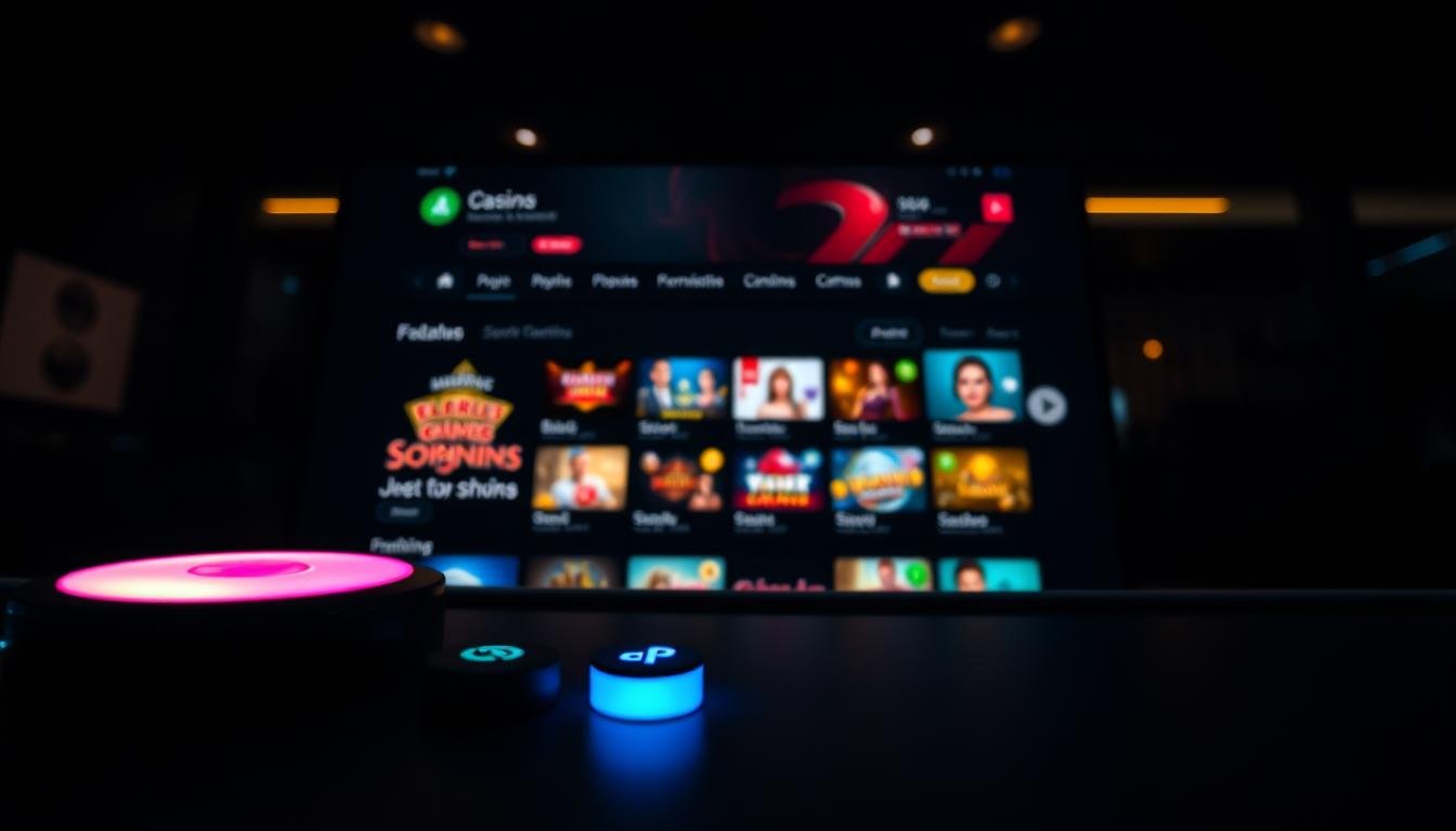 A dark-themed user interface design showcasing a modern casino homepage inspired by the aesthetics of 3A gaming platforms. In the foreground, there are sleek, illuminated buttons and icons in vibrant colors, contrasting against a deep black background. The middle section features a grid layout displaying enticing games with high-quality images, ensuring a user-friendly navigation experience. In the background, soft ambient lighting sets a cozy yet sophisticated atmosphere, casting gentle reflections. The overall mood communicates excitement and elegance, with an emphasis on the dark mode aesthetic that captivates viewers. Shot from an angle that emphasizes depth, this composition captures the essence of contemporary UI design, appealing to visual designers analyzing dark-themed interfaces.