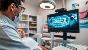 A dentist in a modern clinic is using advanced imaging technology to assess a patient's dental damage after a facial impact. In the foreground, the dentist, dressed in professional attire, focuses intently on a digital monitor displaying detailed images of damaged teeth. The patient, seated comfortably, appears calm and attentive, wearing a dental bib. In the middle ground, dental tools and a bright, sterile environment are visible, with a soft, warm overhead light illuminating the scene. In the background, shelves filled with dental care products and posters of healthy teeth add context. The mood is professional and reassuring, conveying a sense of trust and expertise in urgent dental care. The composition emphasizes the importance of precise evaluation processes in dentistry.