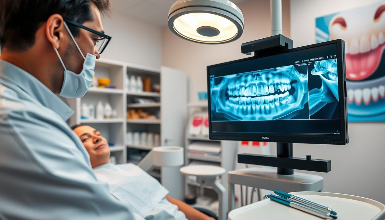 A dentist in a modern clinic is using advanced imaging technology to assess a patient's dental damage after a facial impact. In the foreground, the dentist, dressed in professional attire, focuses intently on a digital monitor displaying detailed images of damaged teeth. The patient, seated comfortably, appears calm and attentive, wearing a dental bib. In the middle ground, dental tools and a bright, sterile environment are visible, with a soft, warm overhead light illuminating the scene. In the background, shelves filled with dental care products and posters of healthy teeth add context. The mood is professional and reassuring, conveying a sense of trust and expertise in urgent dental care. The composition emphasizes the importance of precise evaluation processes in dentistry.