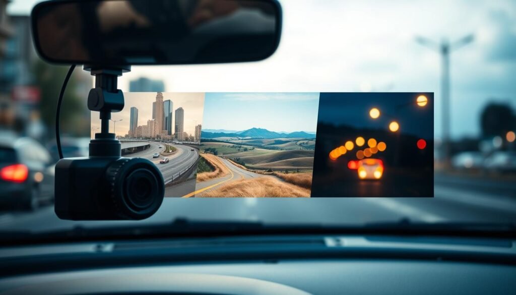 A detailed scene illustrating a car dashcam's performance in various environments. In the foreground, a high-tech dashcam mounted on a car's windshield, capturing a clear view of the road. The middle layer features three unique environments: a bustling urban street, a serene rural landscape, and a dimly lit evening scene under streetlights. Each setting showcases different lighting conditions and angles, with reflections on the car windows enhancing the realism. The background includes blurred cityscapes in one scene, rolling hills in another, and distant traffic lights in the final setting. The overall mood is exploratory and analytical, emphasizing the importance of dashcam technology in varying situations, with a focus on clarity and detail in the captured footage. A detailed scene illustrating a car dashcam's performance in various environments. In the foreground, a high-tech dashcam mounted on a car's windshield, capturing a clear view of the road. The middle layer features three unique environments: a bustling urban street, a serene rural landscape, and a dimly lit evening scene under streetlights. Each setting showcases different lighting conditions and angles, with reflections on the car windows enhancing the realism. The background includes blurred cityscapes in one scene, rolling hills in another, and distant traffic lights in the final setting. The overall mood is exploratory and analytical, emphasizing the importance of dashcam technology in varying situations, with a focus on clarity and detail in the captured footage.