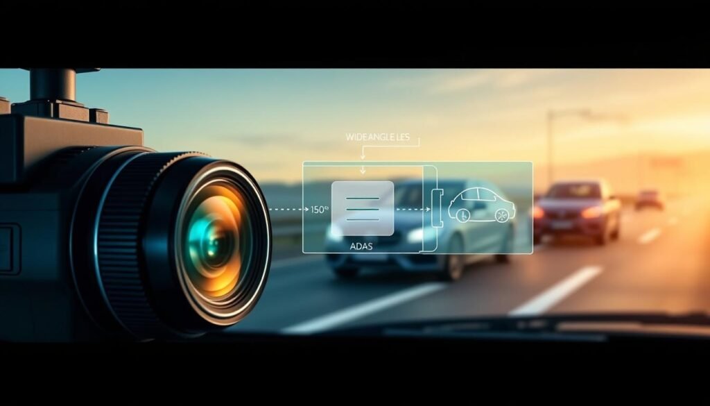 A detailed technical illustration of an automotive dashcam system architecture, showcasing components like a wide-angle lens with focus on its 150-degree field of view and how it affects image distortion. In the foreground, highlight the dashcam itself with lens details gleaming under soft, ambient lighting. The middle layer should depict a simplified schematic of the data processing unit connected to the camera, illustrating information flow to the Advanced Driver Assistance Systems (ADAS). In the background, create an abstract representation of a car driving on a road, emphasizing the connection between the dashcam's image processing and vehicle safety. The atmosphere should convey a sense of innovation and precision in automotive technology, using cool tones to enhance the technical feel. A detailed technical illustration of an automotive dashcam system architecture, showcasing components like a wide-angle lens with focus on its 150-degree field of view and how it affects image distortion. In the foreground, highlight the dashcam itself with lens details gleaming under soft, ambient lighting. The middle layer should depict a simplified schematic of the data processing unit connected to the camera, illustrating information flow to the Advanced Driver Assistance Systems (ADAS). In the background, create an abstract representation of a car driving on a road, emphasizing the connection between the dashcam's image processing and vehicle safety. The atmosphere should convey a sense of innovation and precision in automotive technology, using cool tones to enhance the technical feel.