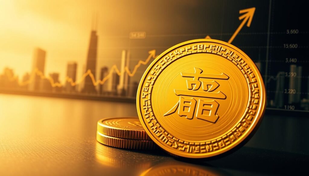 A dynamic and informative illustration depicting the fluctuations of gold prices in terms of "一錢" (a traditional unit) over time. In the foreground, a polished gold coin prominently displays the Chinese character for "gold," symbolizing value and wealth. In the middle ground, a chart with varied lines and arrows indicates price fluctuations, with numerical data points clearly marked. The background features an abstract city skyline, representing economic growth and market activity. Soft, golden lighting enhances the image, creating a warm and inviting atmosphere, while the overall composition conveys a sense of urgency and importance in tracking gold price changes. The image should be well-composed from a slight low angle, emphasizing the coin and chart as focal points of attention. A dynamic and informative illustration depicting the fluctuations of gold prices in terms of "一錢" (a traditional unit) over time. In the foreground, a polished gold coin prominently displays the Chinese character for "gold," symbolizing value and wealth. In the middle ground, a chart with varied lines and arrows indicates price fluctuations, with numerical data points clearly marked. The background features an abstract city skyline, representing economic growth and market activity. Soft, golden lighting enhances the image, creating a warm and inviting atmosphere, while the overall composition conveys a sense of urgency and importance in tracking gold price changes. The image should be well-composed from a slight low angle, emphasizing the coin and chart as focal points of attention.