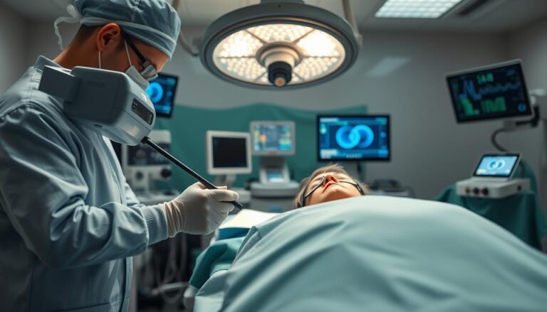 A medical operating room focused on a SMILE refractive surgery procedure for correcting astigmatism. In the foreground, a skilled surgeon in professional attire delicately handles advanced laser equipment, showcasing precision and care. A patient reclines on the operating table, relaxed but attentive, with an eye patch over one eye and a calming light above. In the middle ground, medical instruments and monitors display vital signs, reflecting a high-tech environment. The background emphasizes a sterile and well-lit atmosphere, with surgical tools neatly arranged and soft, green surgical drapes, enhancing the focus on the procedure. Ambient lighting adds a calm, reassuring mood, emphasizing safety and professionalism. The scene captures the essence of advanced eye surgery, while subtly highlighting the complexities of correcting minor astigmatism within the SMILE process.