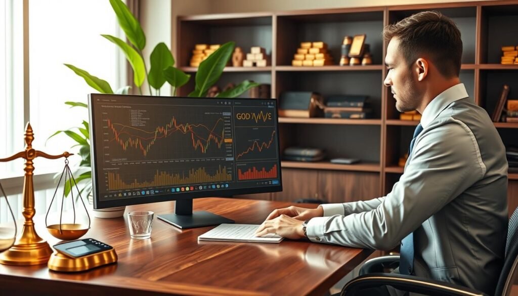 A modern and elegant financial workspace scene, featuring a polished wooden desk with a golden scale and a calculator on one side, symbolizing the calculation of gold prices. In the foreground, a well-dressed professional, in formal business attire, is intently analyzing gold price charts displayed on a sleek computer screen. The middle section shows detailed graphs and mathematical formulas illustrating gold price trends. The background includes shelves filled with gold ingots and certificates, along with lush green plants providing a balanced atmosphere. Soft, natural lighting casts a warm glow over the workspace, creating a focused and optimistic mood about the future of gold prices. A modern and elegant financial workspace scene, featuring a polished wooden desk with a golden scale and a calculator on one side, symbolizing the calculation of gold prices. In the foreground, a well-dressed professional, in formal business attire, is intently analyzing gold price charts displayed on a sleek computer screen. The middle section shows detailed graphs and mathematical formulas illustrating gold price trends. The background includes shelves filled with gold ingots and certificates, along with lush green plants providing a balanced atmosphere. Soft, natural lighting casts a warm glow over the workspace, creating a focused and optimistic mood about the future of gold prices.