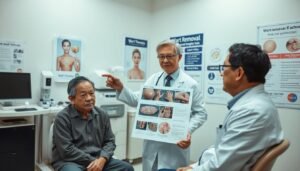 A professional healthcare setting with a focus on patient-doctor consultation regarding wart removal methods. In the foreground, a concerned patient, a middle-aged Asian man in modest casual attire, sits with a serious expression, while a doctor in formal attire gestures towards a medical chart. In the middle, the doctor points to images of various wart removal techniques, including cryotherapy and laser treatment. The background features a well-lit examination room with medical equipment, posters about skin care, and a chart detailing health risks, particularly for individuals with severe diabetes and specific skin conditions. The lighting is soft and neutral, creating a calm, informative atmosphere, emphasizing the importance of medical advice in health decisions without any distractions or text.