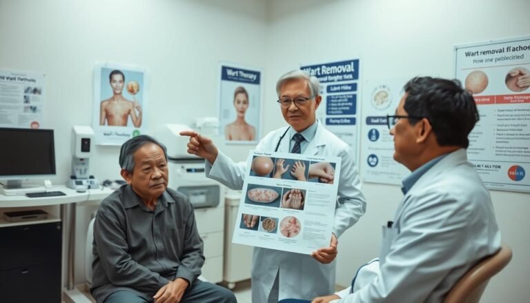 A professional healthcare setting with a focus on patient-doctor consultation regarding wart removal methods. In the foreground, a concerned patient, a middle-aged Asian man in modest casual attire, sits with a serious expression, while a doctor in formal attire gestures towards a medical chart. In the middle, the doctor points to images of various wart removal techniques, including cryotherapy and laser treatment. The background features a well-lit examination room with medical equipment, posters about skin care, and a chart detailing health risks, particularly for individuals with severe diabetes and specific skin conditions. The lighting is soft and neutral, creating a calm, informative atmosphere, emphasizing the importance of medical advice in health decisions without any distractions or text.