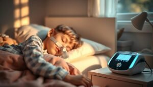 A serene bedroom environment showcasing a child peacefully sleeping while using a sleep apnea machine. In the foreground, focus on the child, around 7 years old, wearing comfortable pajamas, with the CPAP mask securely fitted but not restricting their comfort. In the middle ground, the sleep apnea machine is visible on a nightstand, softly glowing to indicate it's in use. The background features soft, warm lighting filtering through a window, casting gentle shadows that create a calming atmosphere. Subtle details like stuffed animals on the bed and calming wall colors enhance the feeling of safety and tranquility. The scene captures a mood of comfort and health, emphasizing the positive impact of the device on the child's well-being while ensuring a professional presentation.