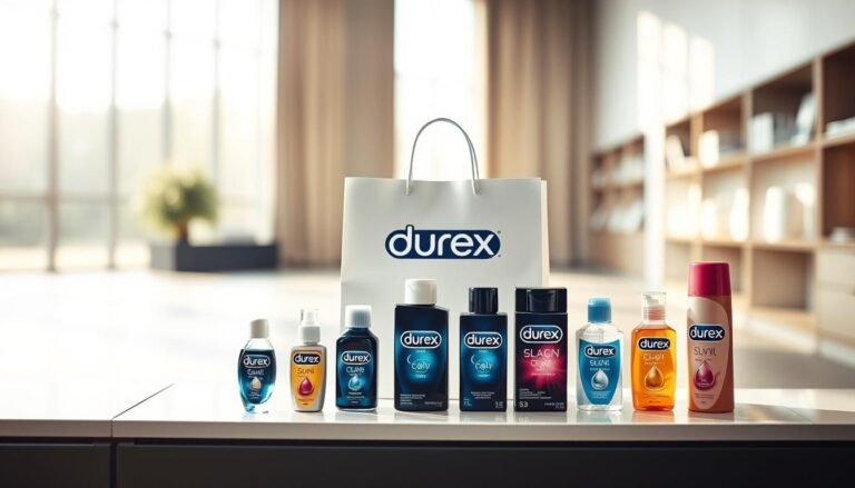 A well-lit product display of Durex items arranged attractively on a sleek, modern shelf in a clean, minimalist environment. In the foreground, showcase a variety of Durex products, including lubricants, with elegant packaging prominently featured. The middle ground presents a gentle blur of a stylish shopping bag to imply the online shopping experience. In the background, soft natural light flows through a large window, creating an inviting and warm atmosphere. The mood is professional yet approachable, reflecting a blend of personal care and hygiene. The scene is shot with a shallow depth of field, emphasizing the products while keeping the background pleasantly out of focus.
