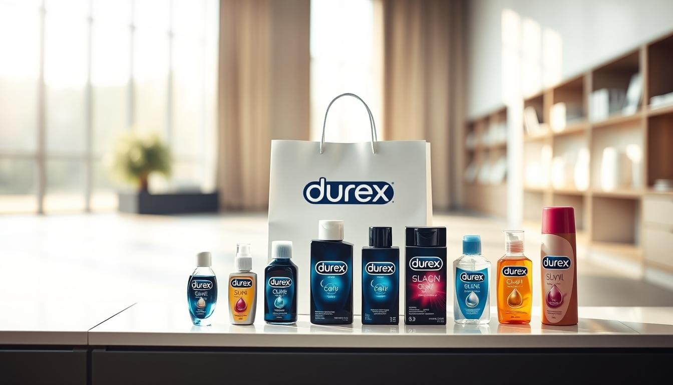 A well-lit product display of Durex items arranged attractively on a sleek, modern shelf in a clean, minimalist environment. In the foreground, showcase a variety of Durex products, including lubricants, with elegant packaging prominently featured. The middle ground presents a gentle blur of a stylish shopping bag to imply the online shopping experience. In the background, soft natural light flows through a large window, creating an inviting and warm atmosphere. The mood is professional yet approachable, reflecting a blend of personal care and hygiene. The scene is shot with a shallow depth of field, emphasizing the products while keeping the background pleasantly out of focus.