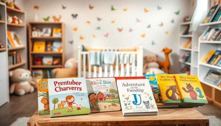 A cozy children's book display featuring a variety of beautifully illustrated storybooks for kids. In the foreground, a wooden table holds several colorful children's picture books, their covers vibrant and inviting, showcasing themes of adventure and friendship. The middle ground includes a gentle, softly-lit nursery setting, with pastel-colored walls adorned with playful wall decals of animals and nature scenes. Plush toys are scattered around, creating a warm, welcoming atmosphere. In the background, shelves lined with more books offer a sense of depth, inviting curiosity. The lighting should give a warm, inviting glow, reminiscent of a sun-drenched afternoon, with a soft focus to emphasize the charm of the books. The overall mood should feel enchanting and nurturing, appealing to parents and children alike.