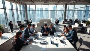 A modern, vibrant office space in Wanchai, Hong Kong, designed for flexible expansion. In the foreground, a diverse group of professionals in smart business attire collaborate around a large, shared table filled with laptops and documents. In the middle, modular office furniture and adjustable partitions symbolize adaptability and growth. The background features large windows showcasing a bustling cityscape, allowing natural light to flood the room. Soft shadows create a welcoming, productive atmosphere. The scene captures a sense of community and innovation, emphasizing key elements like technology integration and open design. Shot with a wide-angle lens to create depth, with balanced lighting that highlights the workspace’s dynamic environment.