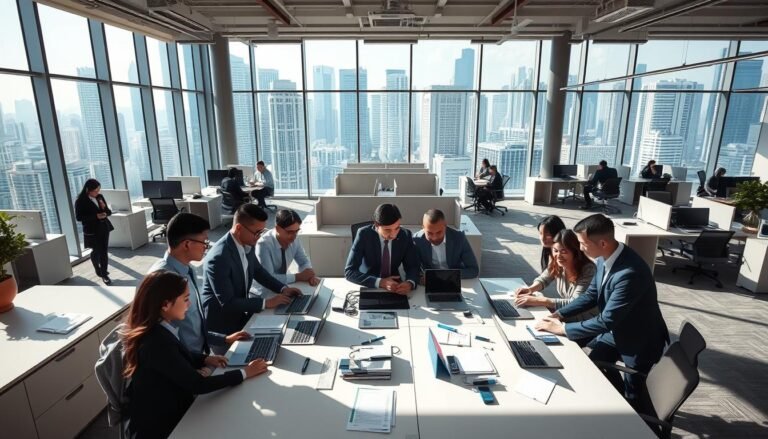 A modern, vibrant office space in Wanchai, Hong Kong, designed for flexible expansion. In the foreground, a diverse group of professionals in smart business attire collaborate around a large, shared table filled with laptops and documents. In the middle, modular office furniture and adjustable partitions symbolize adaptability and growth. The background features large windows showcasing a bustling cityscape, allowing natural light to flood the room. Soft shadows create a welcoming, productive atmosphere. The scene captures a sense of community and innovation, emphasizing key elements like technology integration and open design. Shot with a wide-angle lens to create depth, with balanced lighting that highlights the workspace’s dynamic environment.