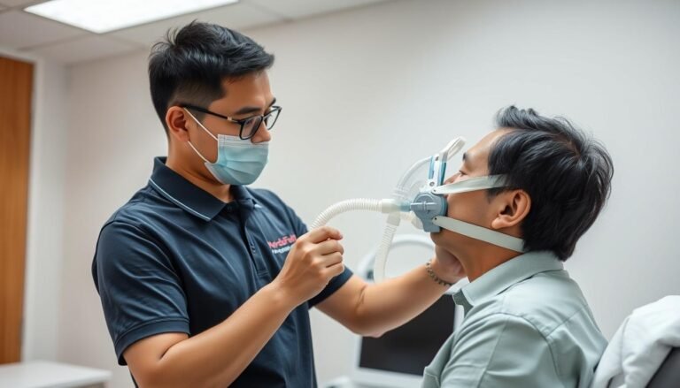 A professional technician in a clinical setting in Hong Kong, wearing a branded polo shirt, carefully fitting a high-quality CPAP mask on a client. The atmosphere is professional and reassuring. High resolution, realistic style, soft lighting.