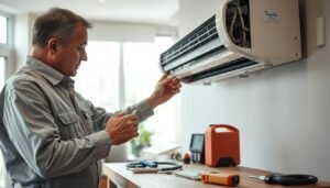 A skilled technician inspecting a leaking air conditioning unit in a modern, well-lit room. The foreground features the technician, a middle-aged man in a clean uniform, carefully examining the intricate components of the AC unit, with a focused expression. In the middle ground, tools and equipment are neatly arranged on a workbench, emphasizing professionalism. The background shows a well-maintained living space with an air conditioning unit mounted on the wall, and soft natural light filtering through a window, creating a calm and serious atmosphere. The overall mood conveys diligence and expertise in air conditioning repair.