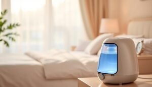A sleek, modern sleep apnea machine with a stylish humidifier attachment prominently displayed in the foreground. The humidifier's design features a translucent, softly lit water reservoir reflecting gentle light. In the middle ground, a cozy bedroom setting with soft pastel colors, an inviting bed with fluffy pillows, and a bedside table with a delicate clock. In the background, a soft-focus window showcasing early morning light filtering through sheer curtains, creating a tranquil atmosphere. The entire scene exudes a sense of calm and wellness, emphasizing comfort and modernity. The lighting should be warm and inviting, captured with a slight depth of field to emphasize the humidifier while softly blurring the background elements.