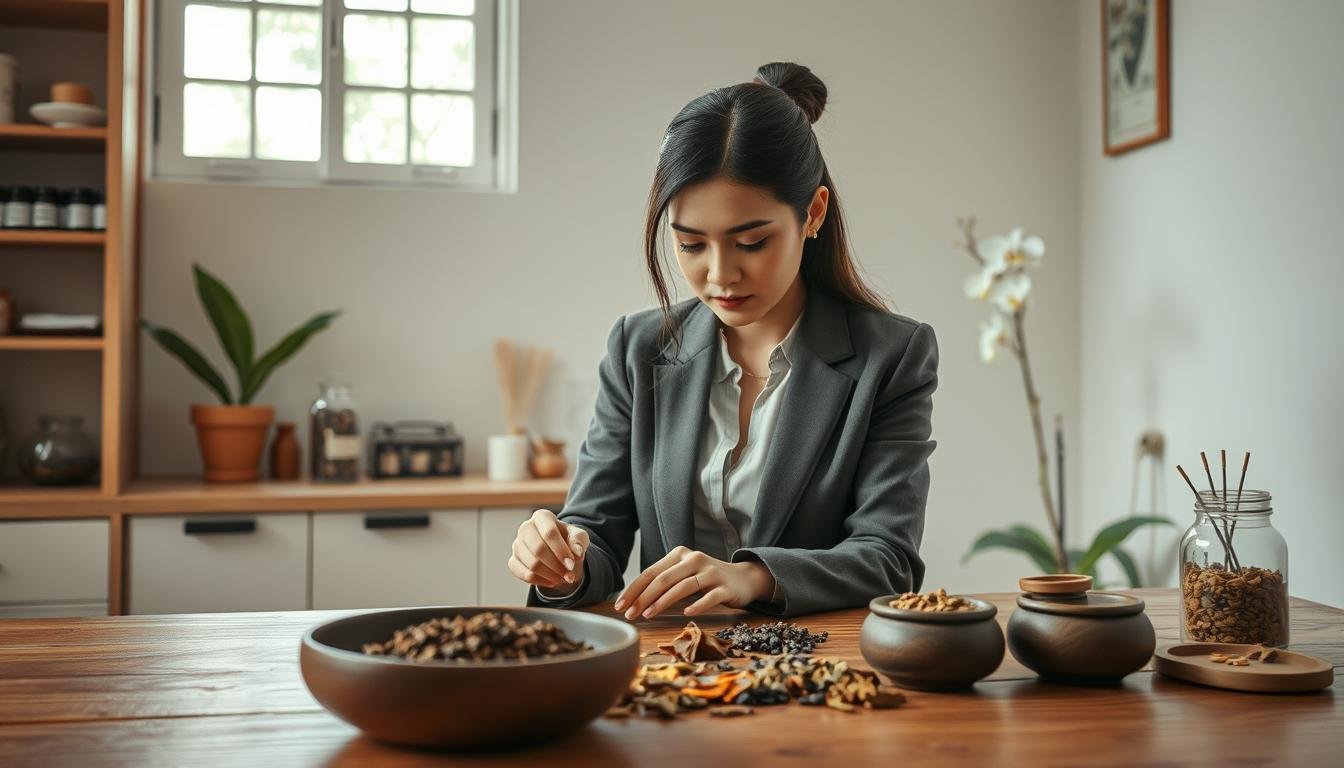 A serene scene depicting a female traditional Chinese medicine practitioner in a tranquil clinic setting. In the foreground, she is attentively examining herbal ingredients spread on a wooden table, wearing a stylish yet professional business attire that reflects her expertise. In the middle ground, traditional Chinese medicine tools, such as acupuncture needles and a medicine cabinet filled with jars of herbs, are present. The background features soft lighting that creates a calming atmosphere, with subtle touches of nature visible through a window, like bamboo and orchids. The overall mood conveys wisdom, health, and holistic well-being, emphasizing the role of female practitioners in promoting health in modern society.