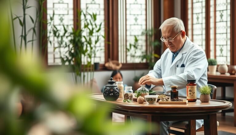 A serene traditional Chinese medicine clinic setting focused on the treatment of rheumatoid arthritis. In the foreground, a calm and knowledgeable practitioner, dressed in a white coat, is demonstrating acupuncture techniques on a middle-aged patient seated comfortably. The practitioner exudes a sense of compassion and expertise. In the middle ground, various herbal remedies and treatment tools are neatly arranged on a wooden table, symbolizing holistic care. The background reveals a tranquil ambiance with bamboo plants and soft natural light filtering through rice paper windows, creating a peaceful and healing atmosphere. The image should convey the importance of traditional methods in managing arthritis, emphasizing a connection between the patient and their healing journey.