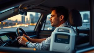 A taxi driver sitting in a well-maintained taxi, wearing a professional business shirt and looking focused, with a sleep apnea machine next to him, illustrating its presence and importance for safety. In the foreground, show the driver's hands on the steering wheel, highlighting a secure grip. The middle ground features the interior of the taxi, showcasing a modern dashboard with safety features like a GPS and traffic alerts. In the background, a cityscape at dusk with soft, warm lighting creates a calm atmosphere, suggesting the driver is prepared for a night shift. The image conveys a sense of vigilance and the positive impact of the sleep apnea machine on driving safety, emphasizing trust and responsibility.