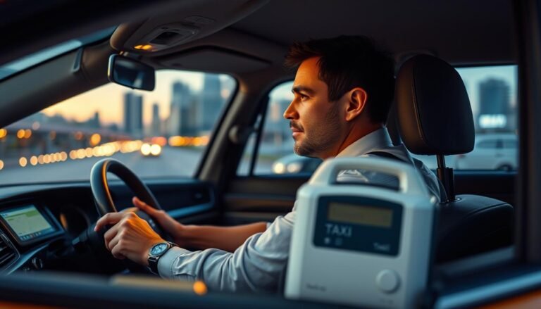 A taxi driver sitting in a well-maintained taxi, wearing a professional business shirt and looking focused, with a sleep apnea machine next to him, illustrating its presence and importance for safety. In the foreground, show the driver's hands on the steering wheel, highlighting a secure grip. The middle ground features the interior of the taxi, showcasing a modern dashboard with safety features like a GPS and traffic alerts. In the background, a cityscape at dusk with soft, warm lighting creates a calm atmosphere, suggesting the driver is prepared for a night shift. The image conveys a sense of vigilance and the positive impact of the sleep apnea machine on driving safety, emphasizing trust and responsibility.