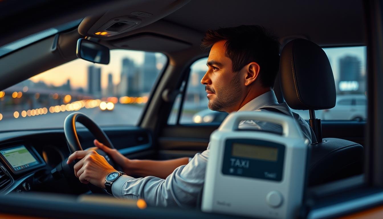 A taxi driver sitting in a well-maintained taxi, wearing a professional business shirt and looking focused, with a sleep apnea machine next to him, illustrating its presence and importance for safety. In the foreground, show the driver's hands on the steering wheel, highlighting a secure grip. The middle ground features the interior of the taxi, showcasing a modern dashboard with safety features like a GPS and traffic alerts. In the background, a cityscape at dusk with soft, warm lighting creates a calm atmosphere, suggesting the driver is prepared for a night shift. The image conveys a sense of vigilance and the positive impact of the sleep apnea machine on driving safety, emphasizing trust and responsibility.